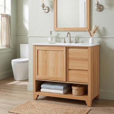 Ensemble de meuble-lavabo traditionnel 36 po avec lavabo en céramique, porte coulissante et tiroirs à fermeture en douceur, bois naturel
