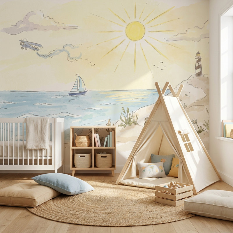 Murale de voilier en forme de phare, 140" x 108", Peler et coller