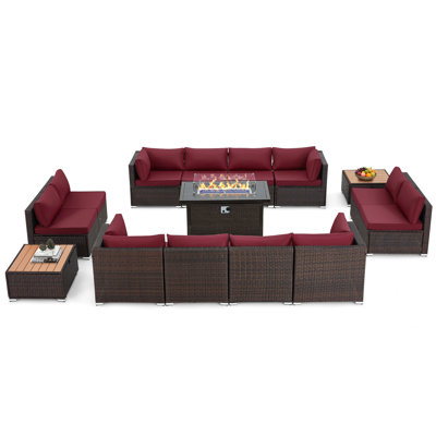 12 - Person Outdoor Wicker Patio Conversation Furniture Set with Fire Pit Table