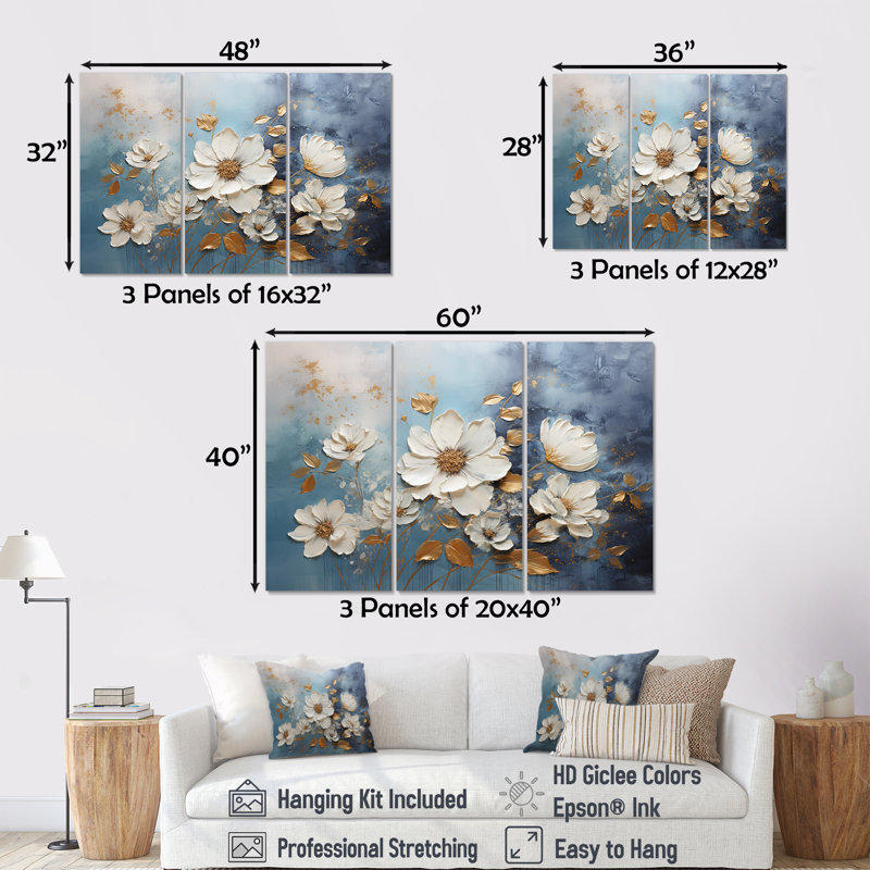 Ensemble de décorations murales fleurs dorées et blanches, Toile tendue, H 40 po x l 60 po x P 1 po