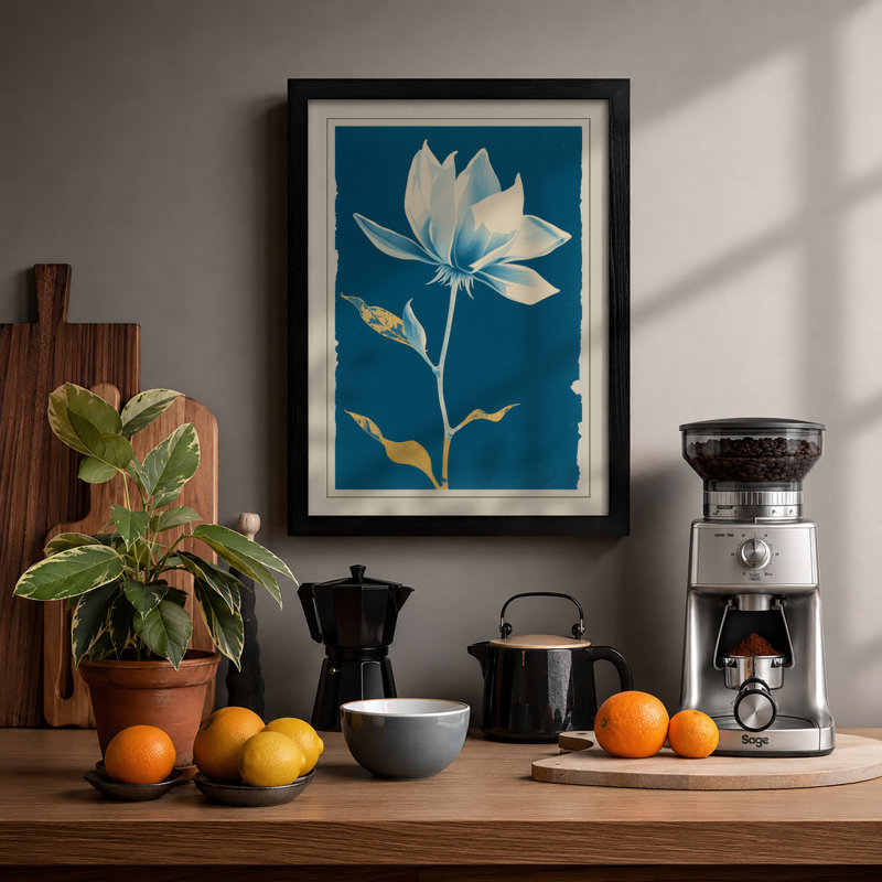 White Lotus Bloom Botanical - Framed Print, A1 - 84.1 x 59.4 cm, Black
