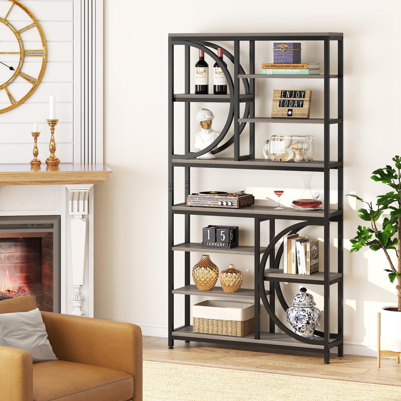 195cm H x 100cm W Stainless Steel Geometric Bookcase, Grey/Black