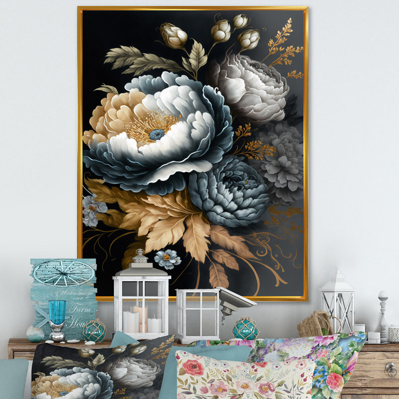 «Blue Blooming Bouquet I», impression sur toile, H 20 po x l 12 po x P 1 po, Cadre flottant doré
