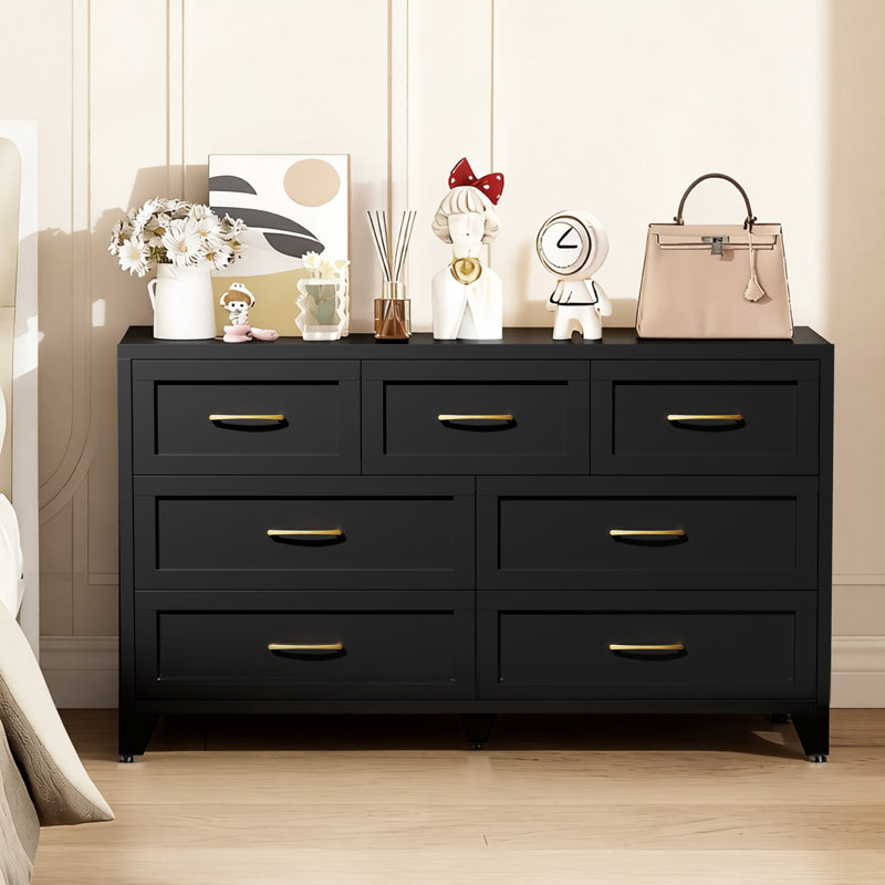 Commode noire à 7 tiroirs Bizoe, armoire de rangement haute moderne pour chambre à coucher, salon, couloir ou entrée, Black