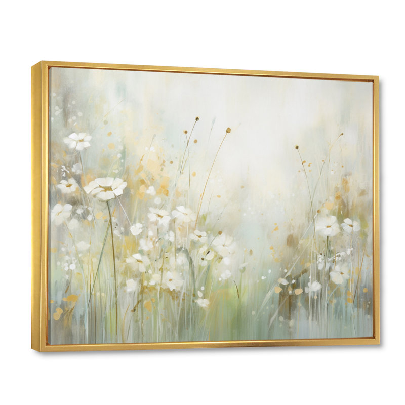 «Green Beige Serene Meadows II - Abstract Botanicals», art mural, Cadre flottant doré, H 24 po x l 32 po x P 1 po