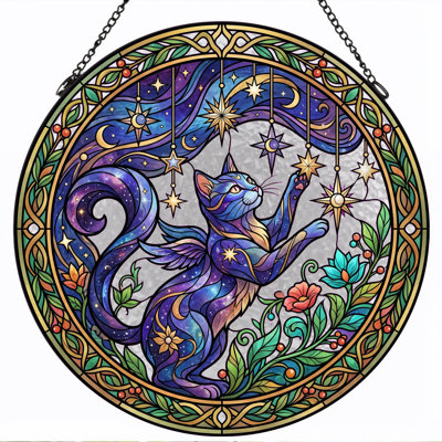 Starry Cat Stained Glass Window Panel，7.8H