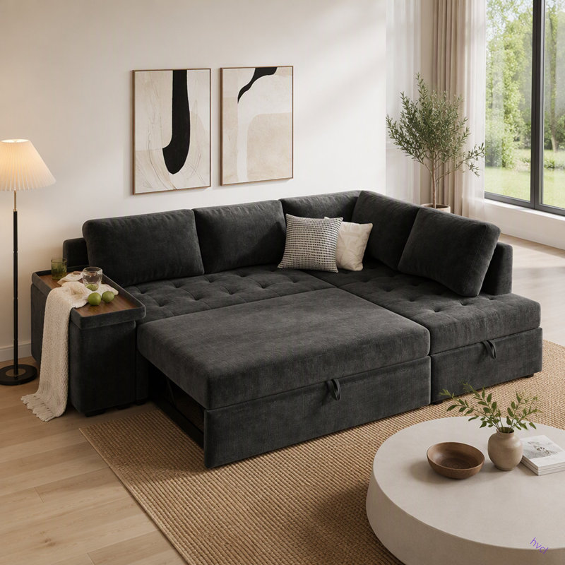 Canapé en L de 91,5 pouces avec lit escamotable et canapé-lit modulaire avec rangement caché, accoudoirs larges avec rangement, pour le salon, appartement, chambre à coucher, bureau