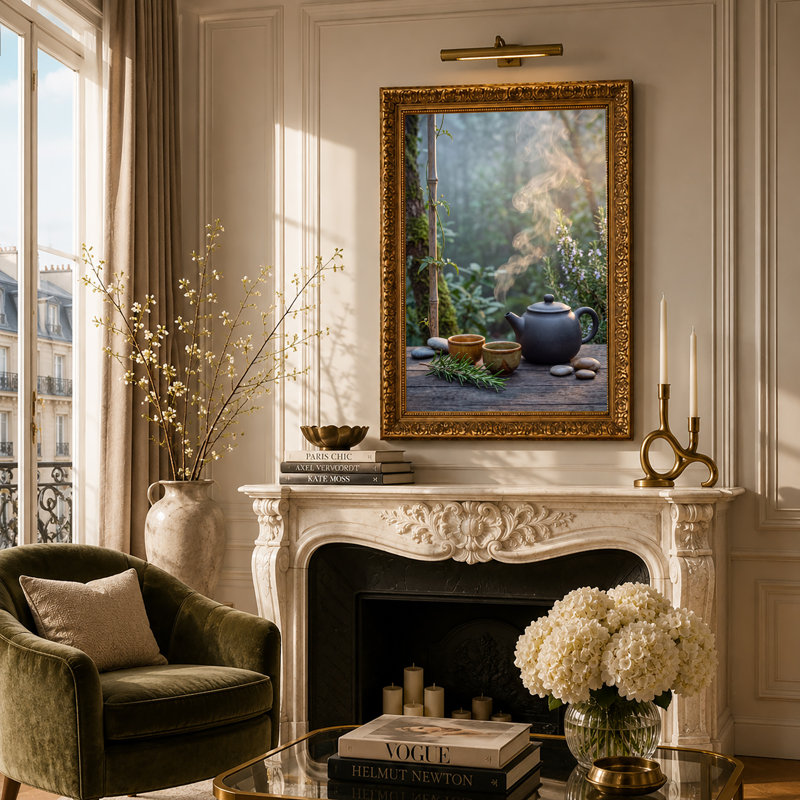 Théière noire et tasses avec romarin sur toile de table en bois, art mural, H 30 po x l 20 po