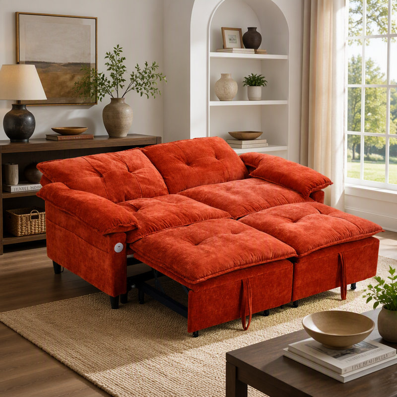 Canapé-lit convertible 73 po en velours orange avec matelas coulissant