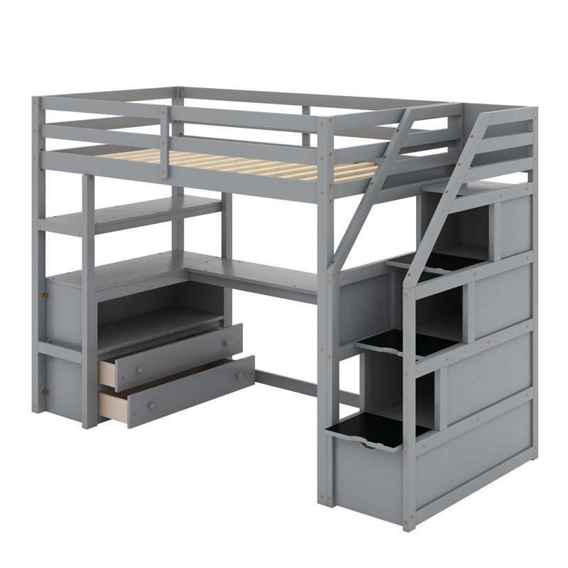 Lit mezzanine double avec bureau et tablettes, deux tiroirs intégrés, escalier de rangement, Gris, Lit simple