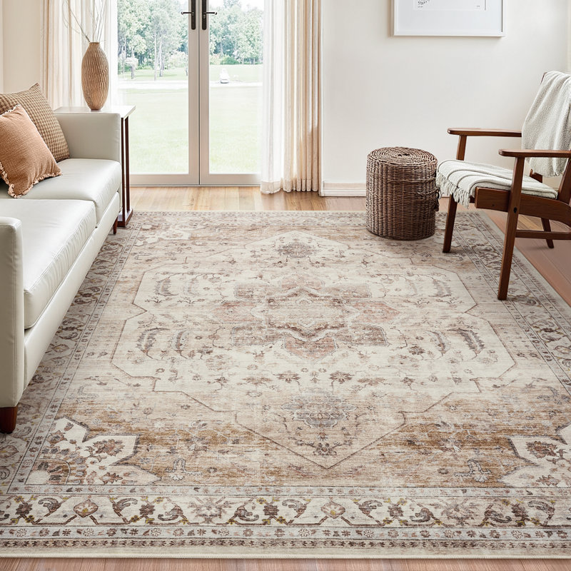 Tapis oriental délavé doux et délavé - beige, Rectangle 6 pi x 9 pi