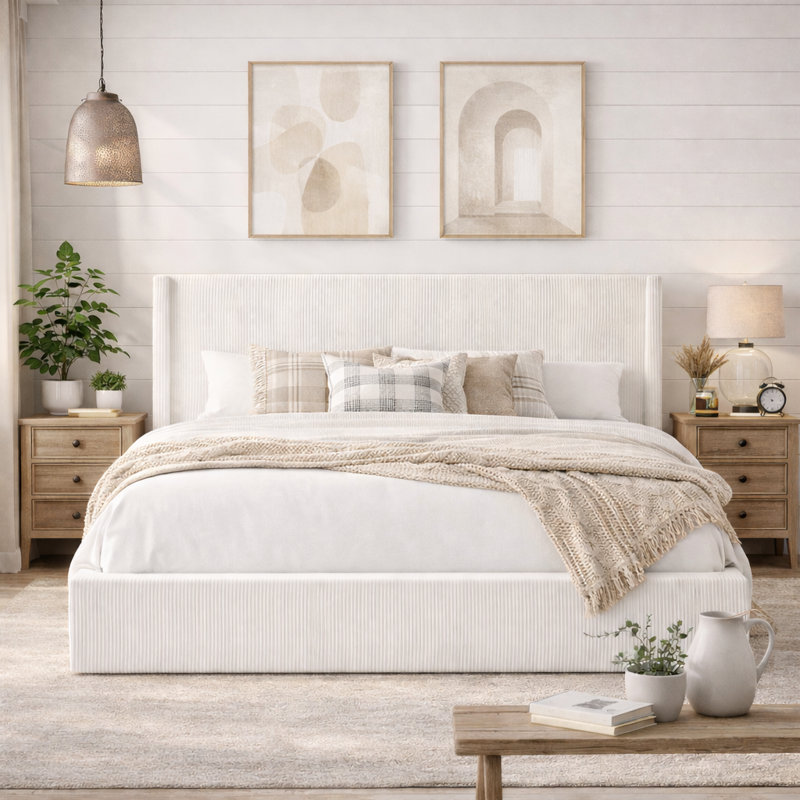 Wauseon Corduroy Upholstered Hydraulic Lift Storage Platform Bed , White, Queen