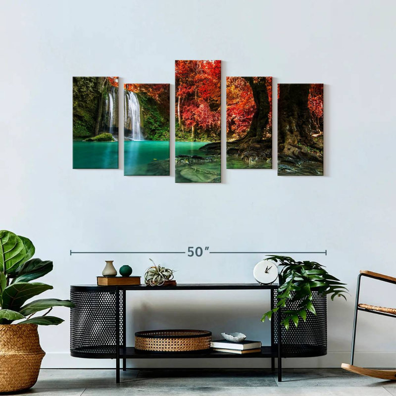 " Red Waterfall " 5 Piece Art Print, 24" H x 49" W x 1.25" D