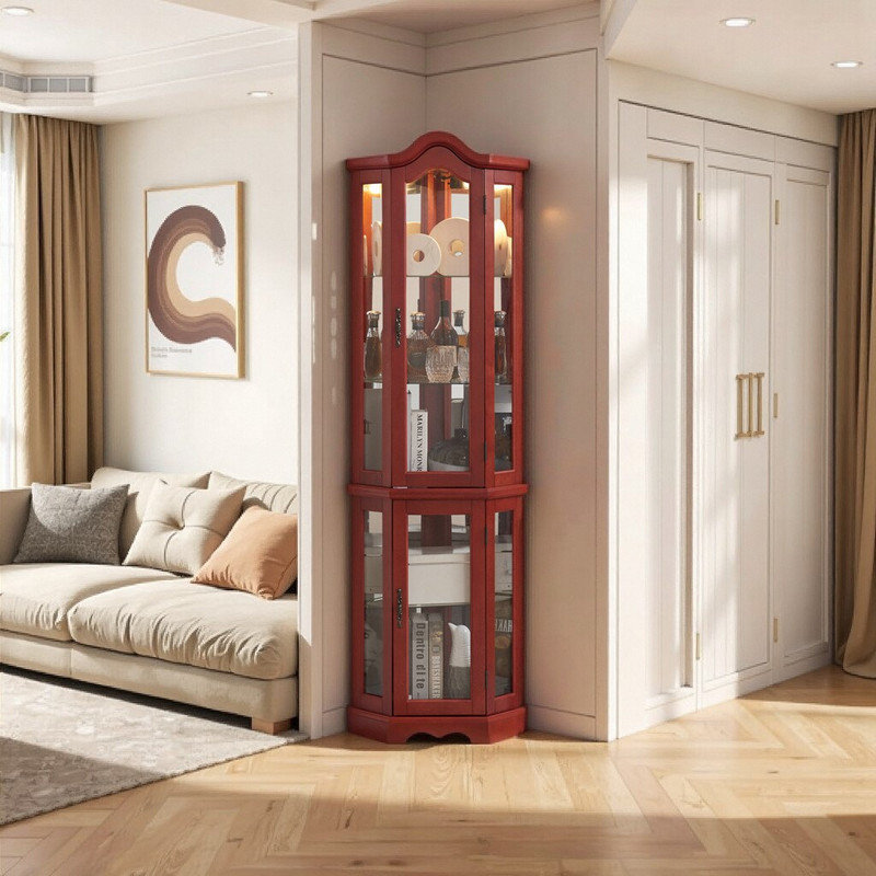 Corner Display Cabinet with Adjustable Glass Shelves, Vintage Finish Curio with Push-Open Doors, Dark Brown