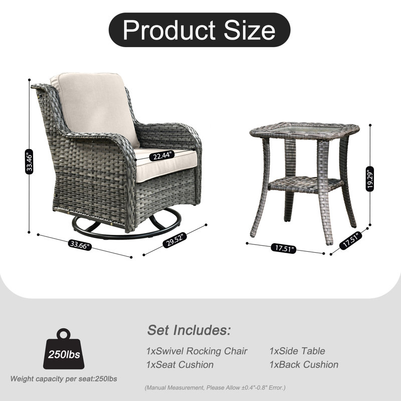 Rocking Swivel Patio Wicker Lounge Chairs With Cushions And Table, Gray, Beige
