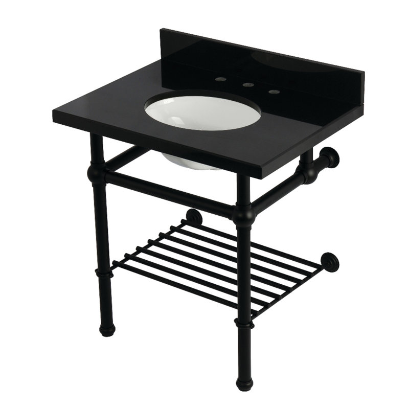 Kingston Brass Templeton 30-Inch Black Granite Console Sink with Brass Legs and Shelf (8-Inch, 3-Hole)