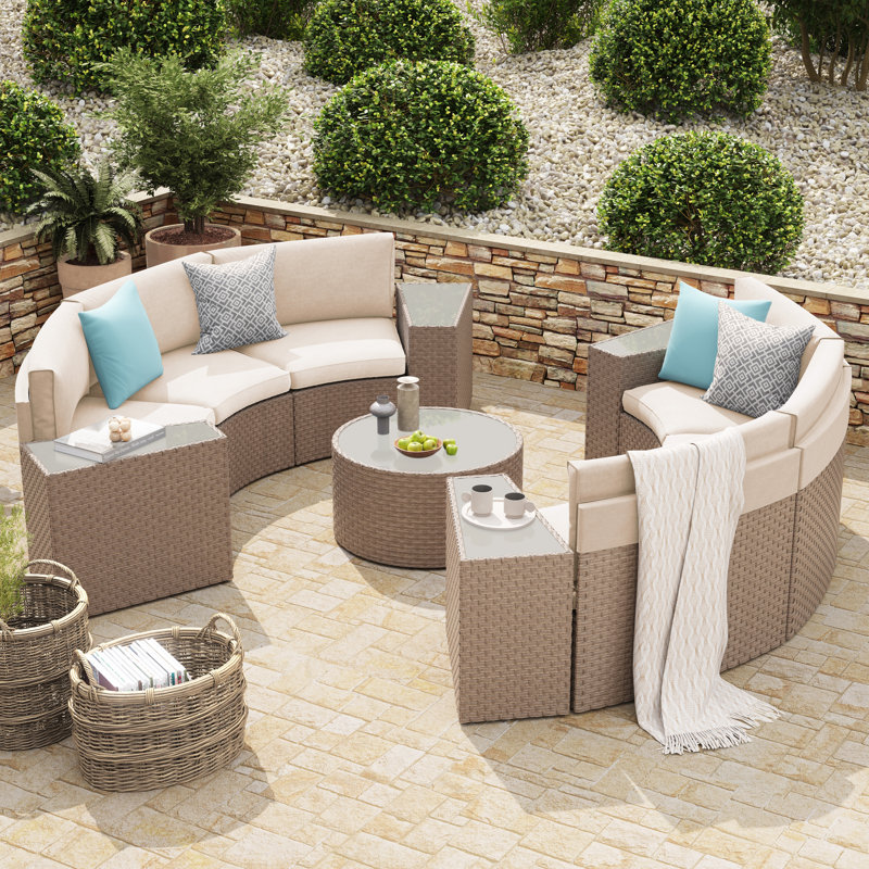 Ensemble de conversation de patio en osier avec coussins, Structure beige / coussin beige