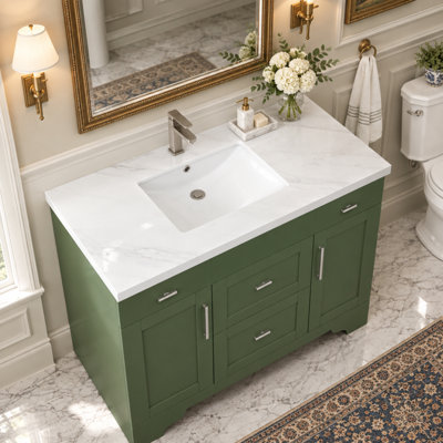 Meuble-lavabo autoportant 36 po Anvay en vert forêt avec plateau en quartz de Carrare blanc