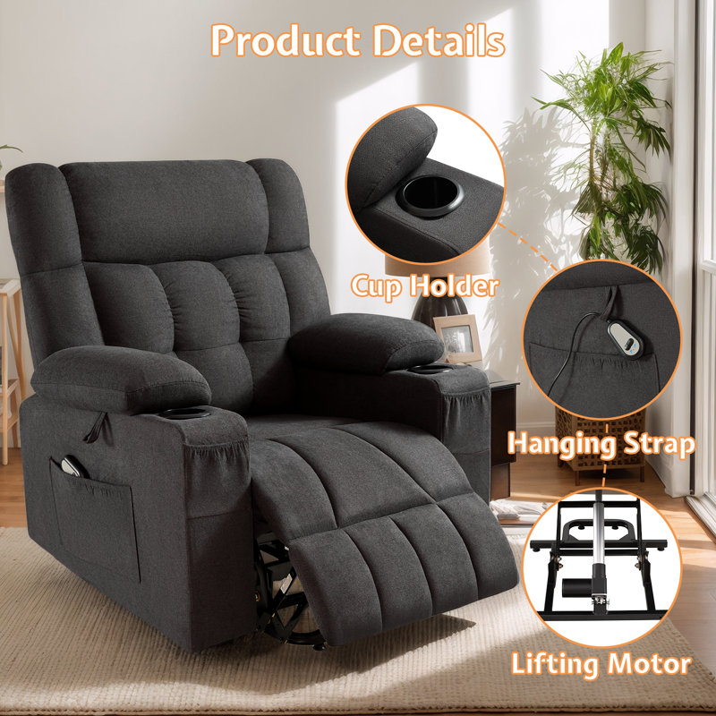 Large Power Lift Recliner Chairs with Cupholder, Remote Control, Side Pockets, Dark Gray Fabric