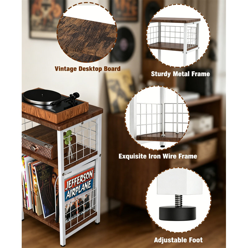 3 Tier End Table with Wire Mesh Record Storage, Turntable Stand Holds 100 Albums, White