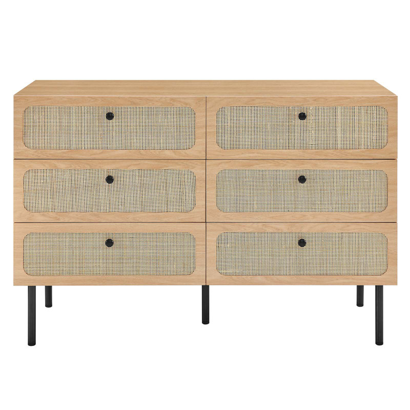 Chaucer Oak and Rattan 6-Drawer Compact Dresser with Adjustable Feet