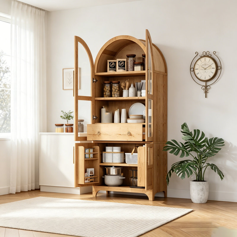Grand garde-manger arqué avec tablettes réglables, tiroir caché et porte vitrée pour un rangement élégant, Naturel