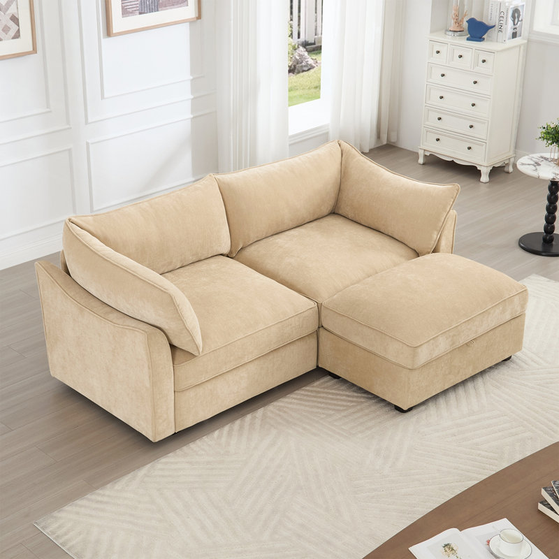 Causeuse en chenille 2 places avec excellent espace de rangement, 1 repose-pieds mobile, 2, Chenille blé