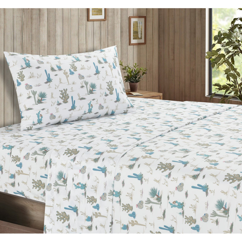 Full White Polyester Microfiber Desert Cactus Print Sheet Set