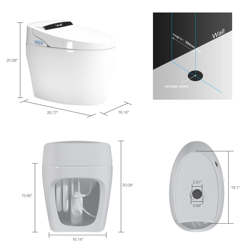 Toilette bidet intelligente - télécommande, lavage en mouvement, économie d'énergie, couvercle chauffant en céramique blanche à ouverture / fermeture automatique, chasse d'eau à bouton,
