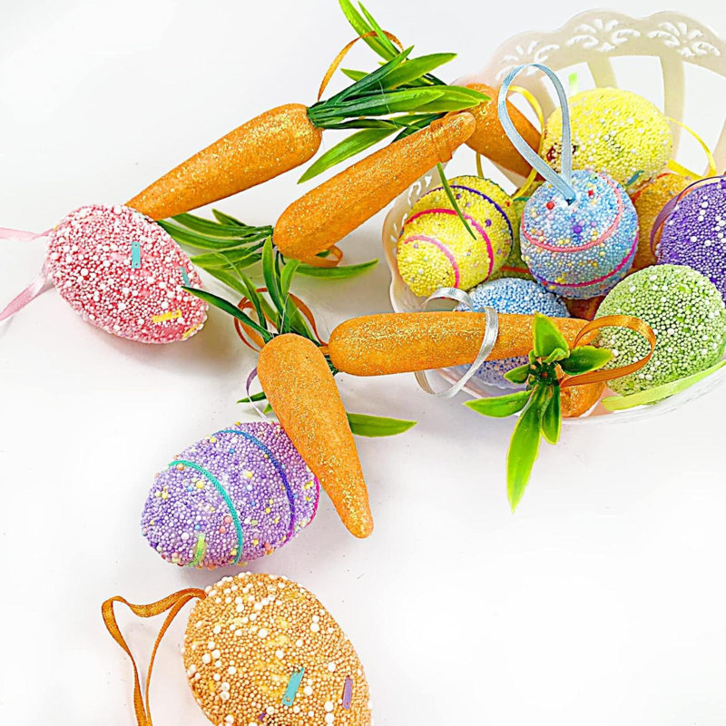 Ornements d'œuf de Pâques et ornements suspendus carotte Mousse colorée Ornements d'œuf suspendus de Pâques Mousse scintillante Carottes artificielles Décorations d'arbre de Pâques Décoration de fête