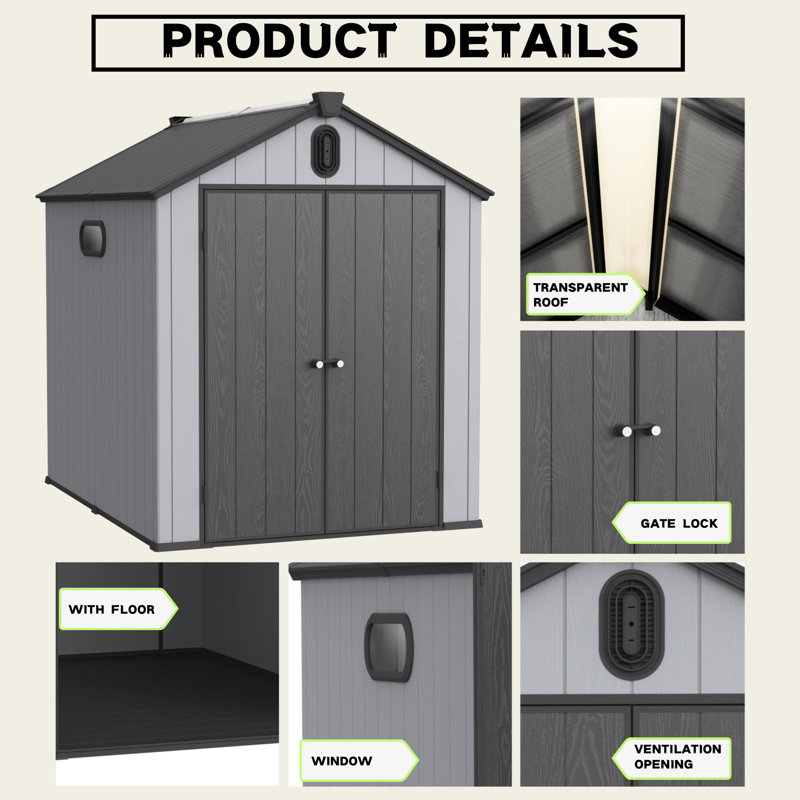 XWT012-1 6*8Ft Resin Plastic Storage Shed For Backyard Garden Big Spire Tool Storage