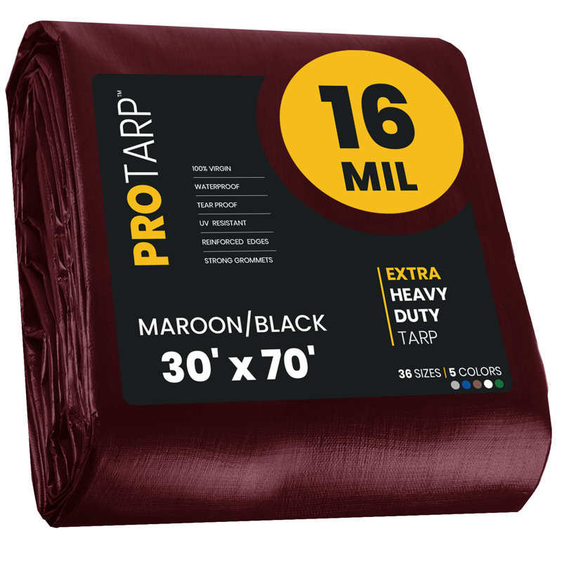 Bâche en polyéthylène robuste de 16 mil, imperméable et résistante aux rayons UV, Rouge, 30 pi x 70 pi