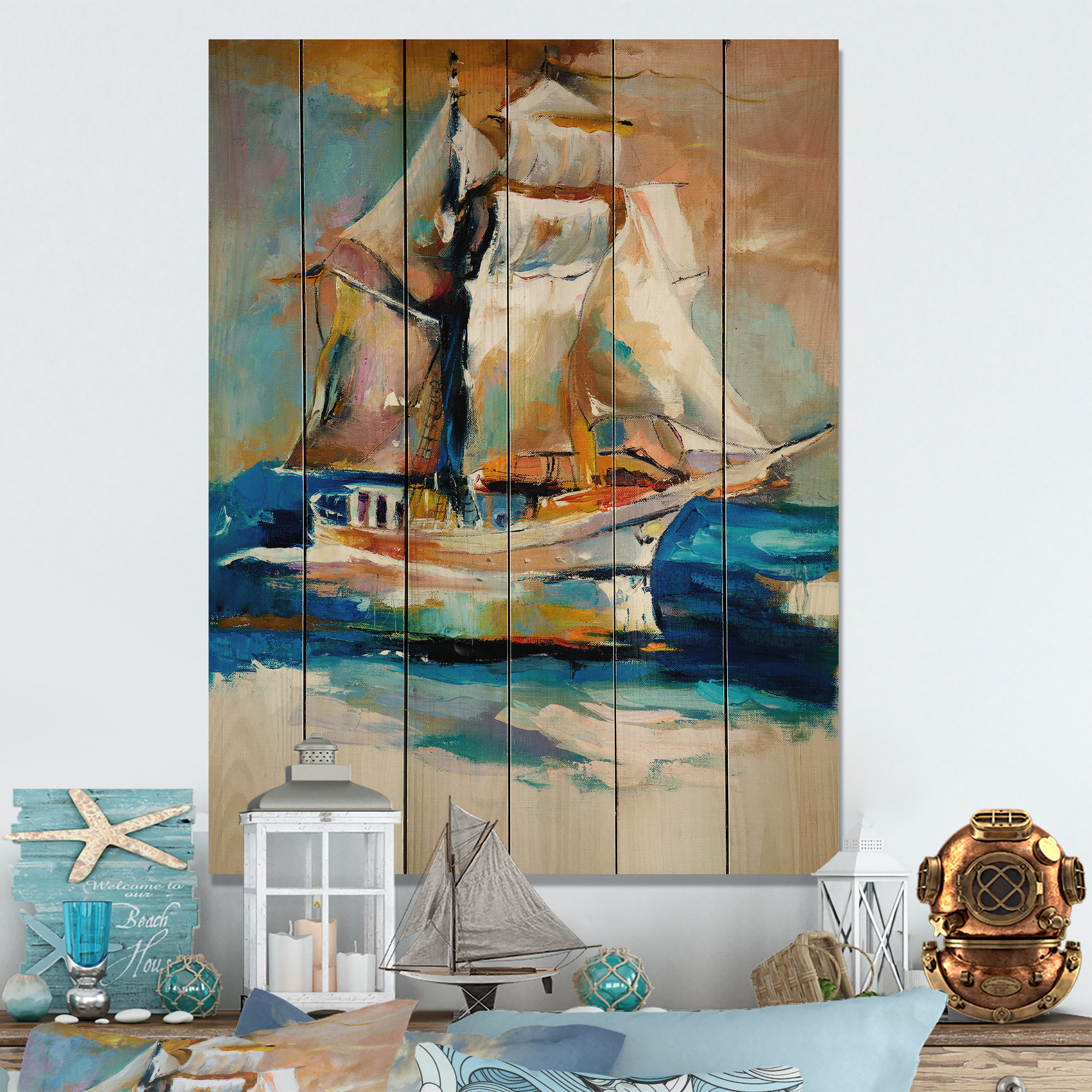 Breakwater Bay Colorful Old Ship On Wood Painting | Wayfair