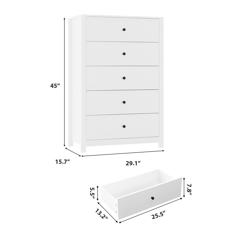 Modern 5 Drawer Wood Dresser with Deep Drawers, Storage Chest for Bedroom, White