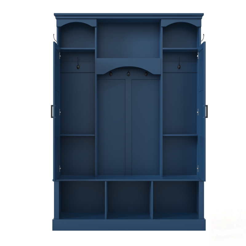 Modern All-In-One Hall Tree With Adjustable Shelves, Classic Arched Farmhouse Storage Bench With Dual Side Cabinets, Elegant Entryway Organizer With 7 Hooks For Mudroom, Hallway