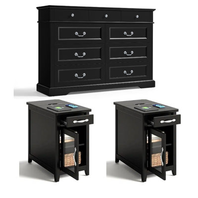 L'ensemble de chambre à coucher 3 pièces comprend une commode à 9 tiroirs et deux tables de chevet