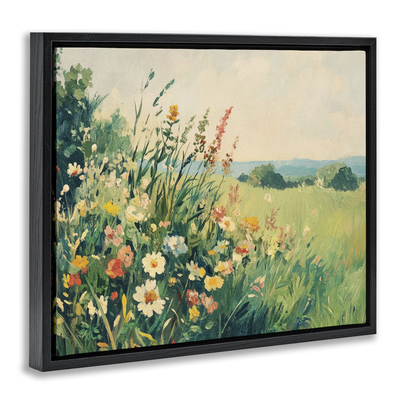 Fleurs sauvages rétro dans un cadre flottant, design par Petal Prints Design, Cadre flottant noir de jais, H 17 po x l 21 po