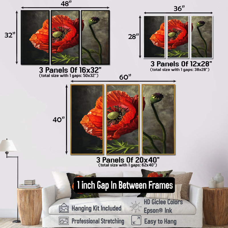 Gros plan sur le coquelicot rouge - ensemble de salon art mural coquelicot, Cadre flottant doré, H 40 po x l 60 po x P 1 po