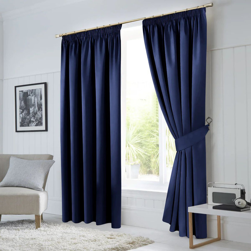 260 GSM Blackout Pencil Pleated Thermal Curtain (Set Of 2), 168cm Width x 183cm Drop, Navy