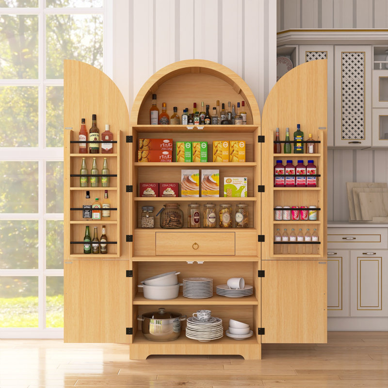 Grand garde-manger arqué cannelé - 8 portes / 3 tablettes réglables et un tiroir caché, polyvalent pour la maison, Naturel