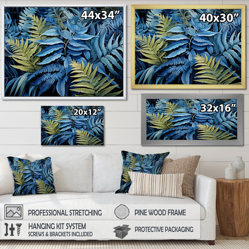 " Blue Ferns Cobalt Serenade II ", H 16 po x l 32 po x P 1 po, Cadre flottant blanc
