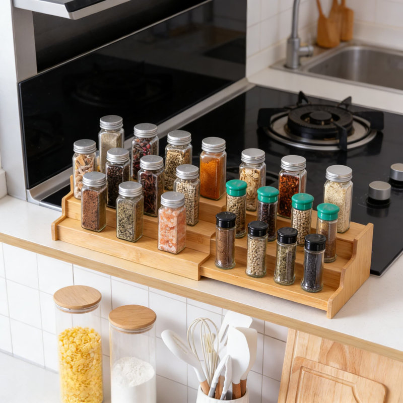 Étagère à épices en bambou extensible à 3 niveaux - Tablette de rangement polyvalente pour comptoir de cuisine, salle de bain, bureau et chambre à coucher