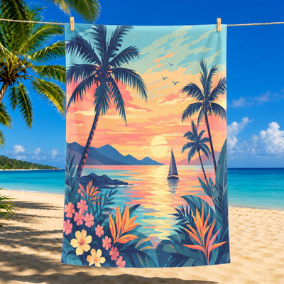 1 serviette de plage tropicale avec palmiers et voilier