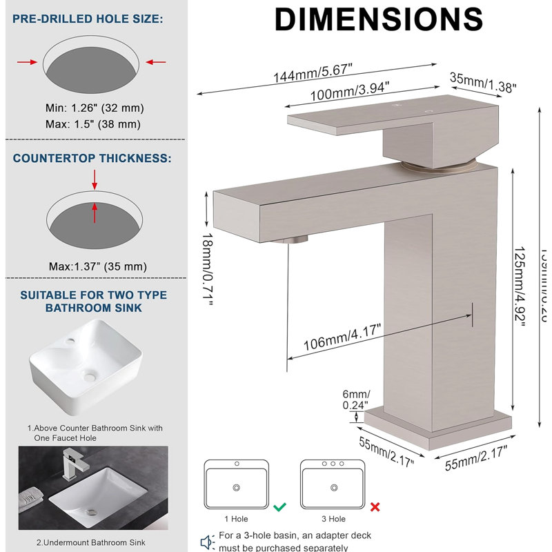 Robinet de lavabo de salle de bain à poignée simple en nickel brossé, conception carrée, économiseur d'eau, doux au toucher, cartouche de meuble-lavabo en laiton massif antirouille, facile à nettoyer