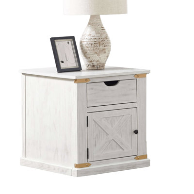 Barnyard Design, End Table, Antique White, Engineered Wood, Metal, Pull Out Drawer, Steel Details Rustic Transitional 1Pc, In White And Gold, With Center Glide Drawers Rectangular Table Shape, Ideal