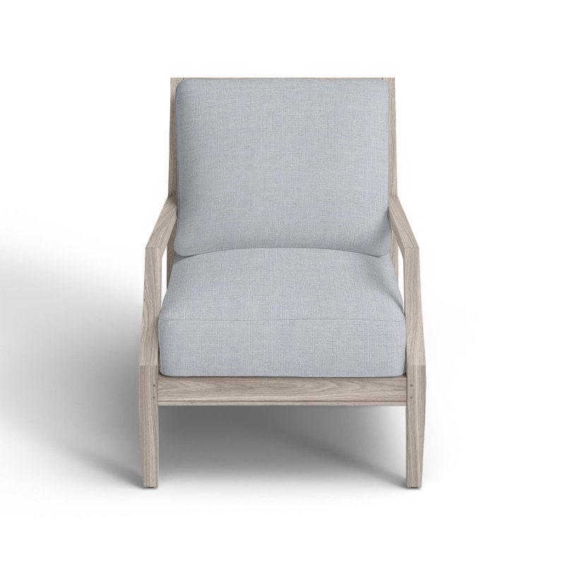 Haley Teak Patio Chair with Cushions, Oyster Teak, No welt + Standard fill, Linen Chambray