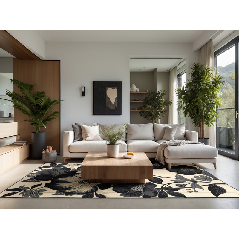 Tapis oriental moelleux doux et moelleux en beige - bleu marine, Carré 7 pi