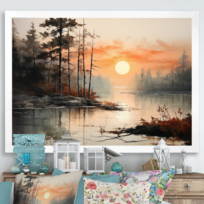 «Lake Misty Morning Reflections I - Lakes Lakehouse», art mural sur toile, H 16 po x l 32 po x P 1 po, Cadre simple blanc