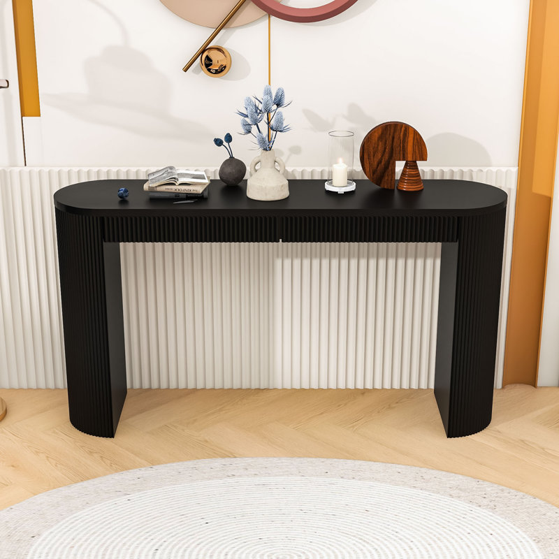Console élégante en bois avec motif rayé, tiroirs et pieds arqués, Noir