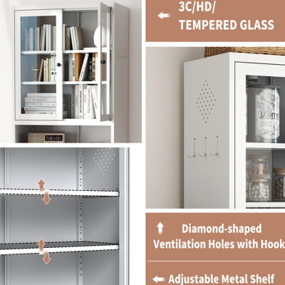 72-Inch, Metal Cabinet, Kitchen, White, Adjustable Shelves, Stainless Steel Frame, Freestanding, Use, Magnetic , Scratch- Features